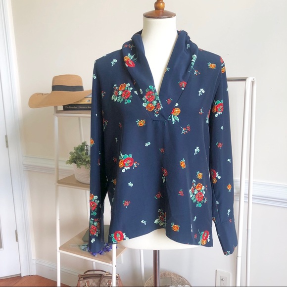 Zara Tops Zara Navy Floral V Neck Blouse Large Poshmark